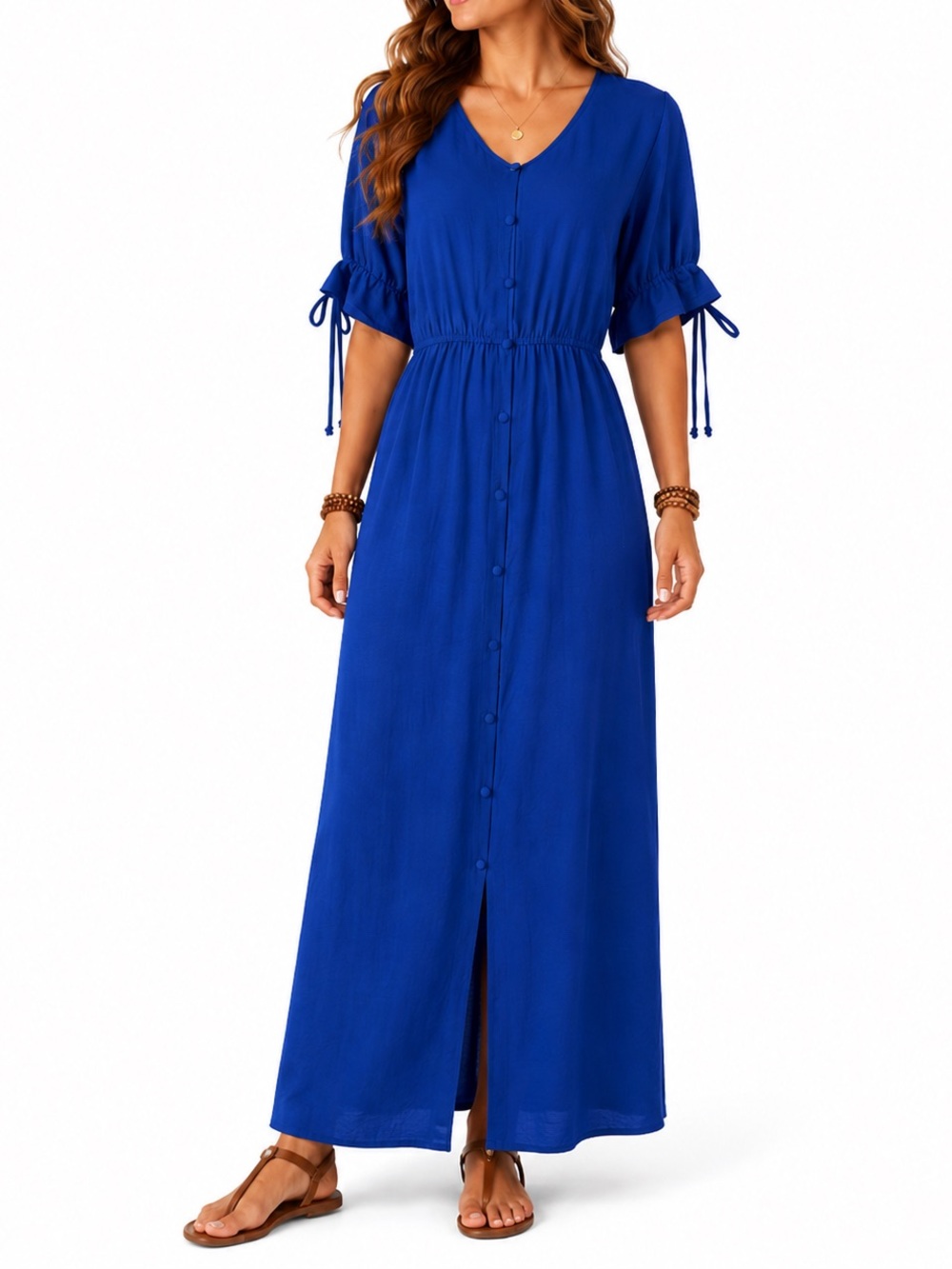 NAIF V-Neck Button-Front Maxi Dress in royal/cobalt blue large